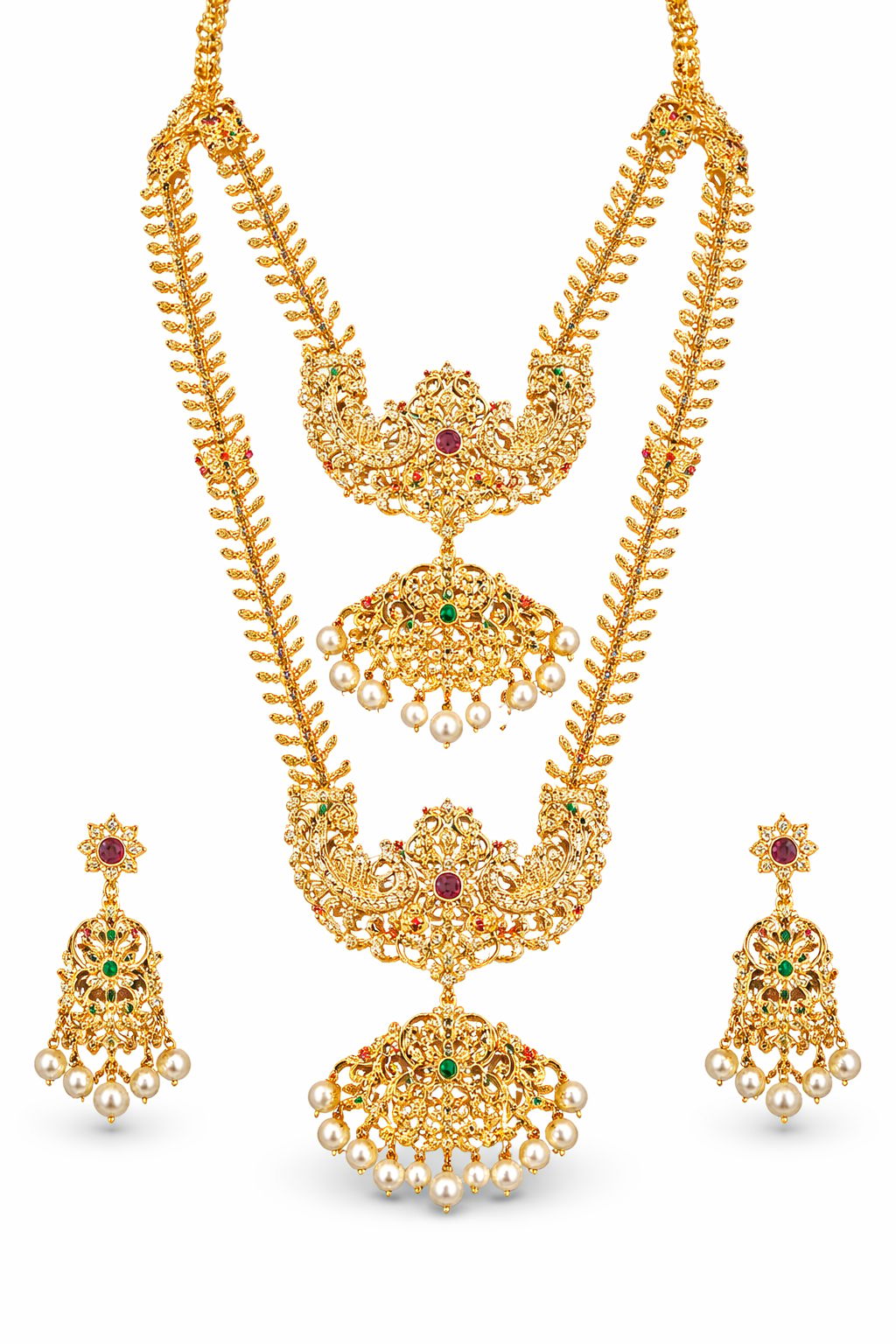 Antique Gold Plated Multi-Layered Peacock Necklace Set with Pearls & Stones