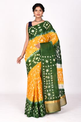 Vibrant Yellow & Green Bandhani Print Cotton Saree