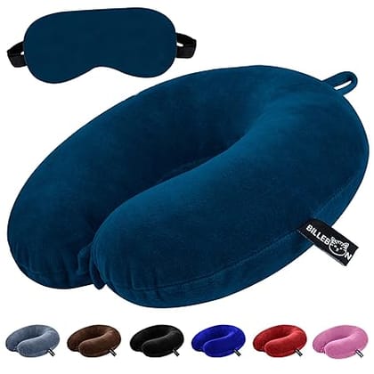 Billebon Premium Neck Pillow Eye Mask Combo Airplane Travel Pillow with Comfortable Velvet Sleeping Eyemask Head Rest Pillow (Navy Blue with Eye Mask)