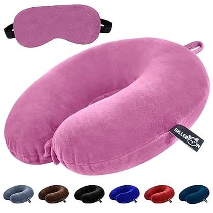 Billebon Premium Neck Pillow Eye Mask Combo Airplane Travel Pillow with Comfortable Velvet Sleeping Eye mask Head Rest Pillow (Pink with Eye Mask)