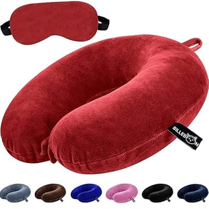 Billebon Premium Neck Pillow Eye Mask Combo Airplane Travel Pillow with Comfortable Velvet Sleeping Eye mask Head Rest Pillow (Red with Eye Mask)
