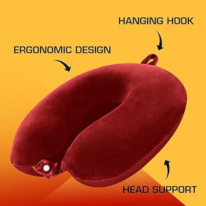 Billebon Premium Neck Pillow Eye Mask Combo Airplane Travel Pillow with Comfortable Velvet Sleeping Eye mask Head Rest Pillow (Red with Eye Mask)