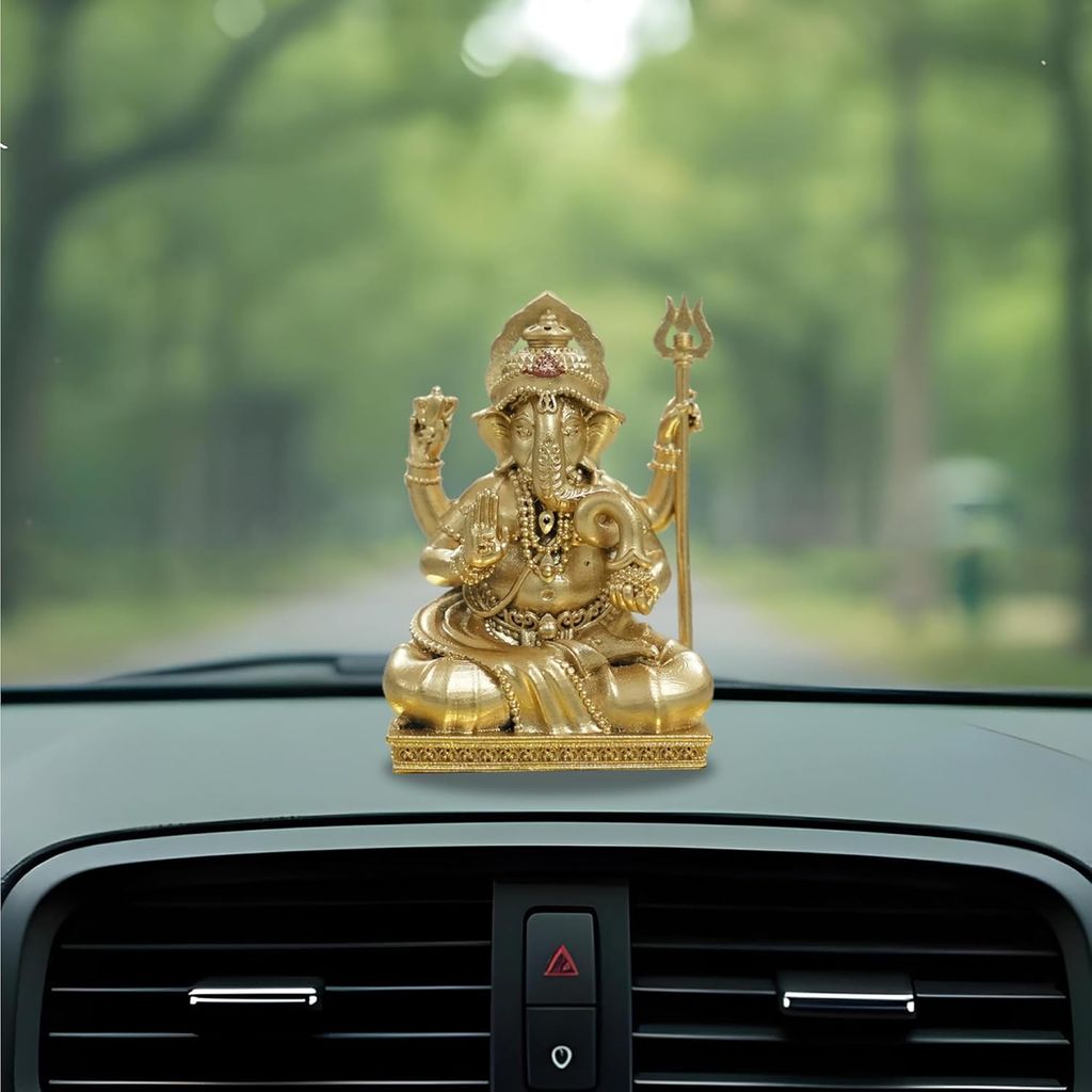 Brahma 3D Farm Trishuldhaari Ganesha Idol 3D Printed (2 inch, Gold Color)
