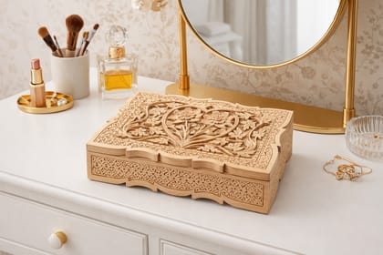 Hand-Carved Wooden Jewelry Box with Floral Heart Design