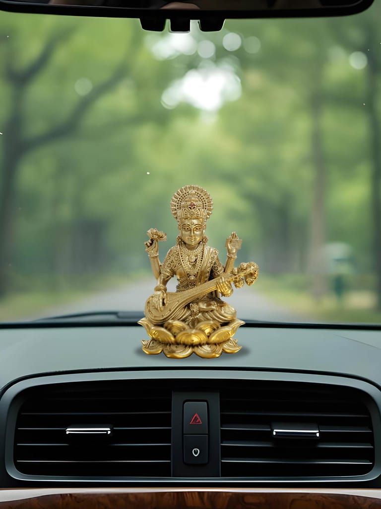 Brahma 3D Farm Saraswati God Idol for Car dashboard, Home & Decor, Mandir, Office Desk, Spiritual Gift (2 inch, Gold Color)