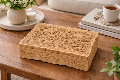 Hand-Carved Wooden Decorative Storage Box with Floral Design