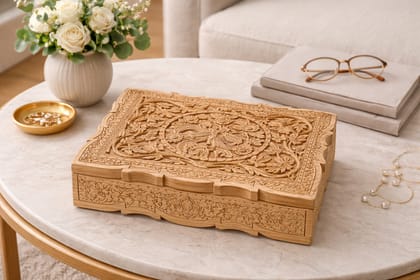 Hand-Carved Wooden Jewelry Storage Box with Floral & Bird Motifs