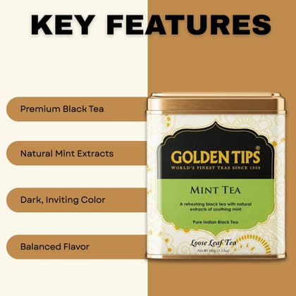 Golden Tips Healthy/Natural and Organic Loose Leaves Mint Flavour Black Tea Tin Can (100 Gram, 50 Cups)