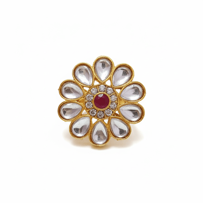 Gold Plated Maroon Stone & Kundan Adjustable Finger Ring