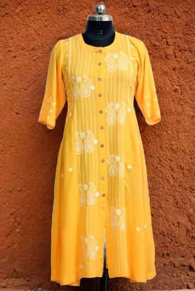 Handcrafted Chikankari Modal Kurti | Front Open | Yellow