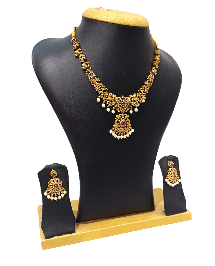 Traditional Gold-Plated Temple Necklace & Earrings Set