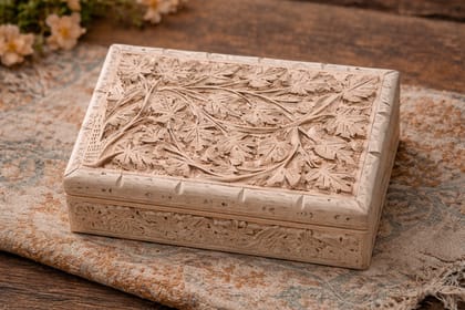 Hand-Carved Wooden Jewelry Box with Floral Vine & Leaf Design