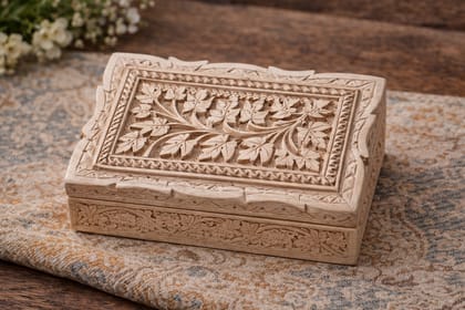 Hand-Carved Wooden Jewelry Box with Floral Vine & Leaf Design
