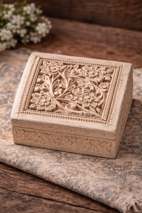 Hand-Carved Wooden Jewelry Box with Floral Bloom Design