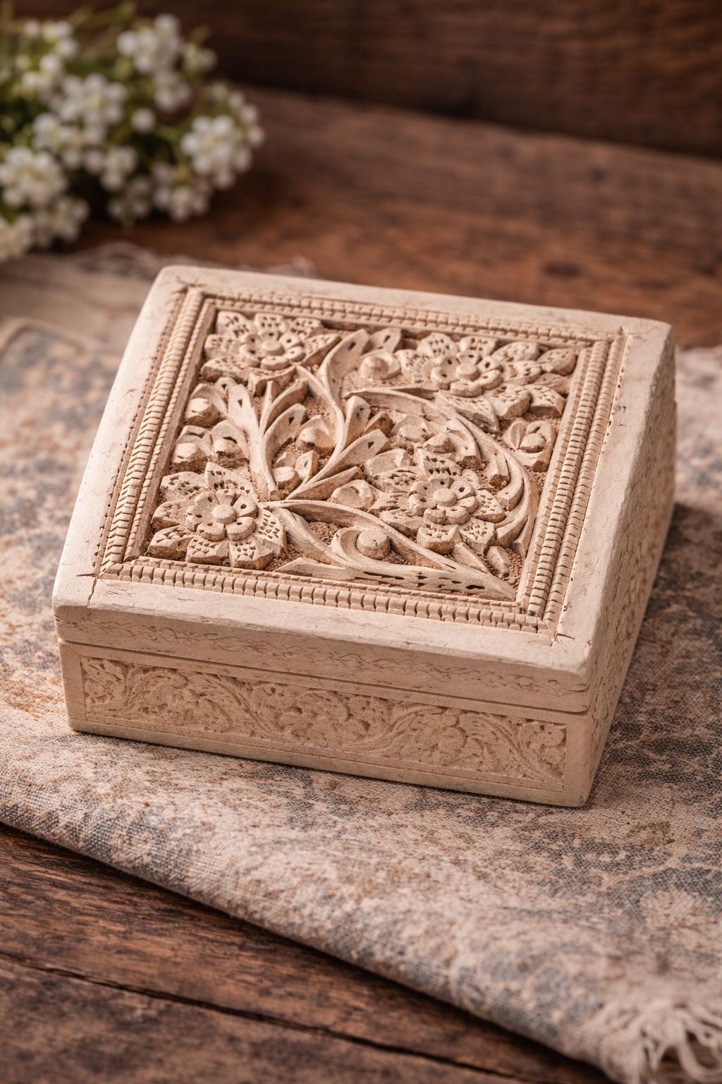 Hand-Carved Wooden Jewelry Box with Floral Bloom Design