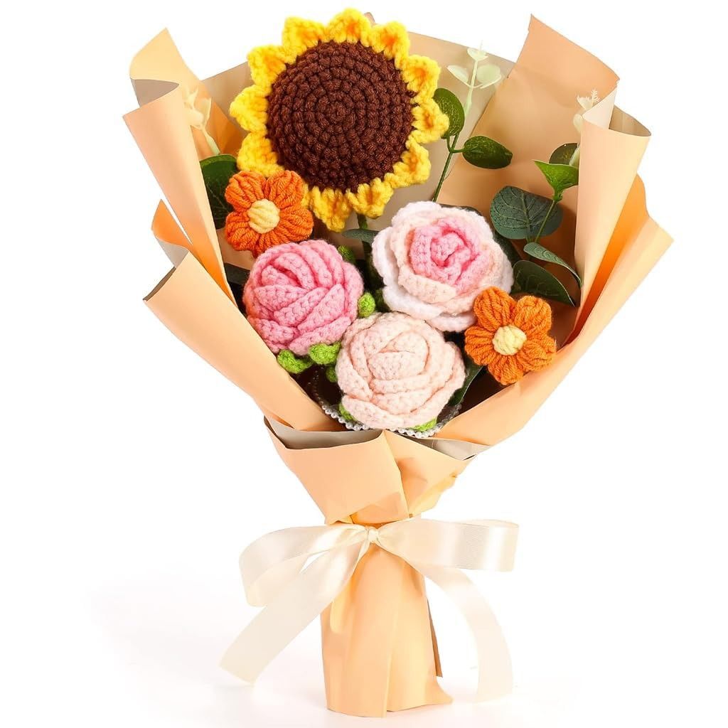 Handcrafted Crochet Sunflower & Rose Bouquet - Everlasting Knitted Flowers