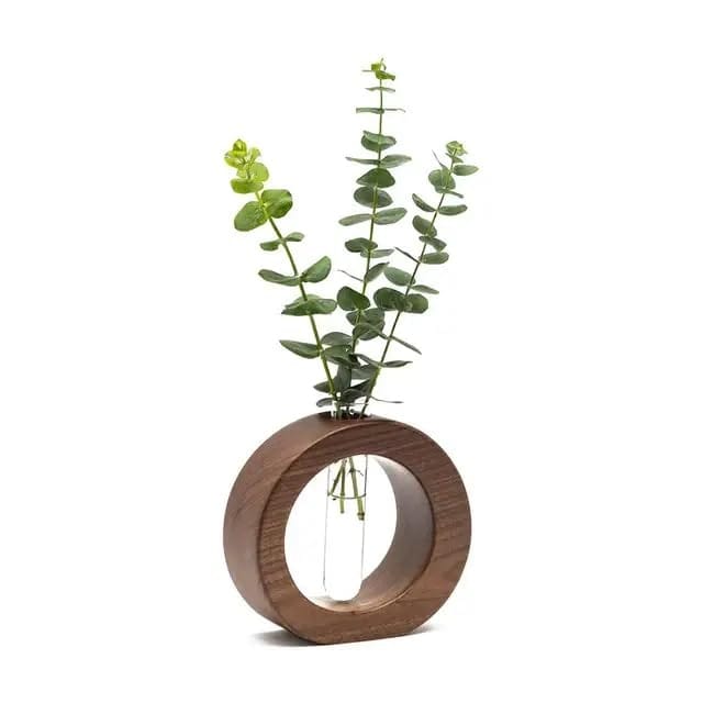 Circular Wood Vase with Glass Tube for Plant Propagation