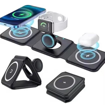 3 in 1 Wireless Charger - Up to 15W Fast Charging, Simultaneous Charging for Phone, Airpods, and Watch, Multi-Layer Protection, Universal Compatibility ( Black )