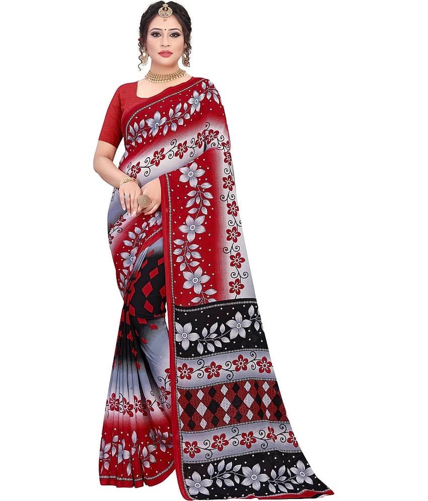 LEELAVATI Georgette Printed Saree With Unstitched Blouse Piece ( Red )