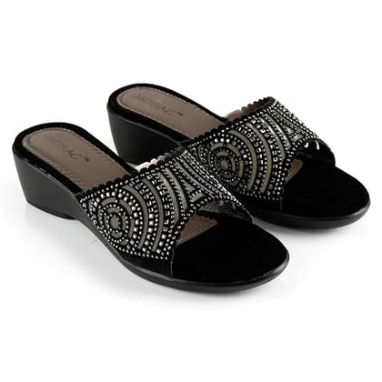 MOSAC Women's Party-Wear Trendy Designer Wedding Casual Slip-On Wedge Fashion Wedding Sandal (Black)