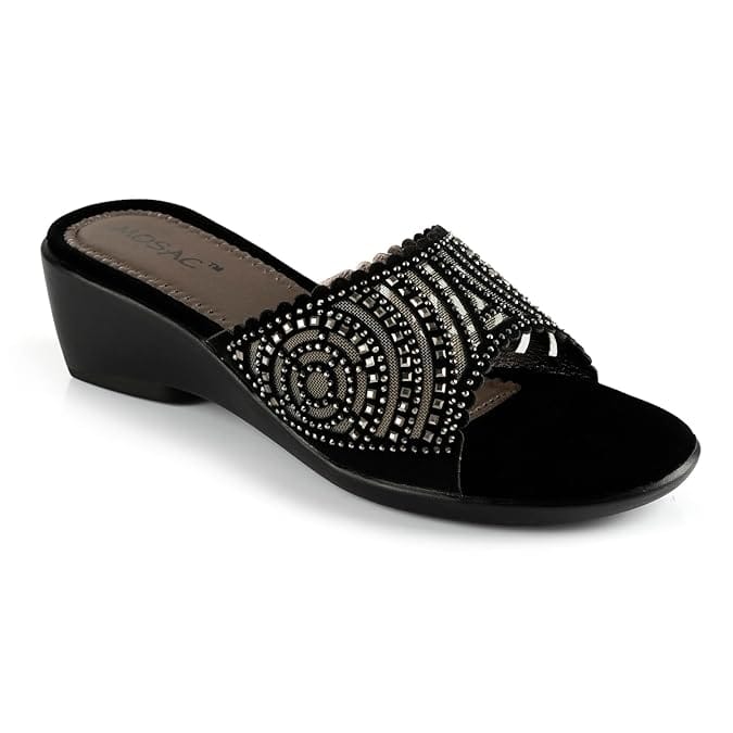 MOSAC Women's Party-Wear Trendy Designer Wedding Casual Slip-On Wedge Fashion Wedding Sandal (Black)