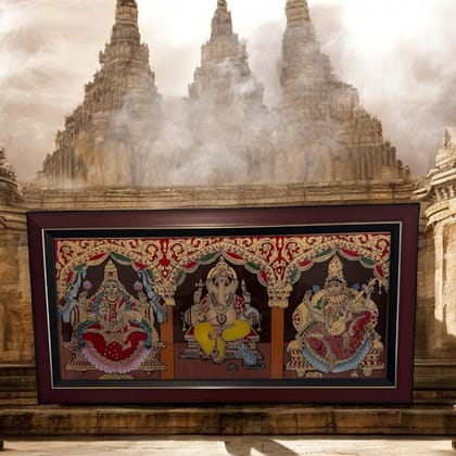 Wooden framed glass Tanjore : Ganesh, Lakshmi & Saraswati