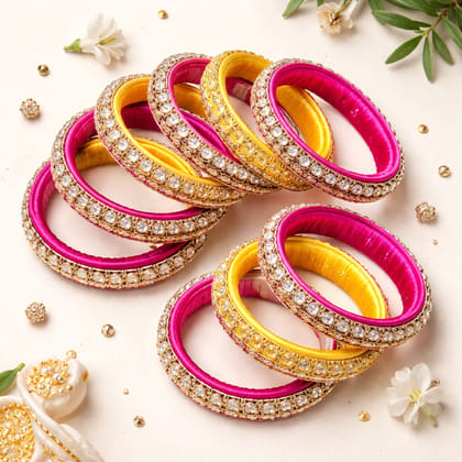 Gold Plated Pink & Yellow Stone Studded Threaded Bangles Set