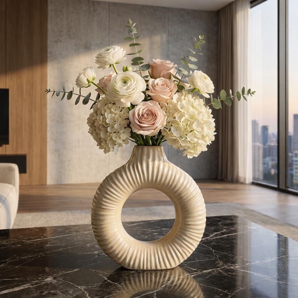 Modern Beige Ceramic Donut Vase with Ribbed Texture