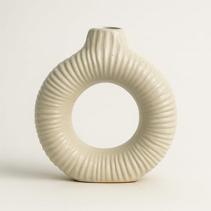 Modern Beige Ceramic Donut Vase with Ribbed Texture Modern Beige Ceramic Donut Vase with Ribbed Texture