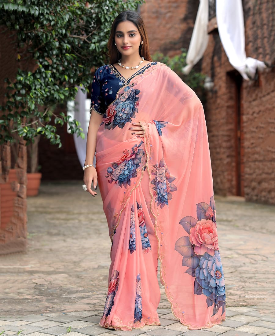 New Tabby Silk Pink Hand-Worked Saree with Contrast Blouse