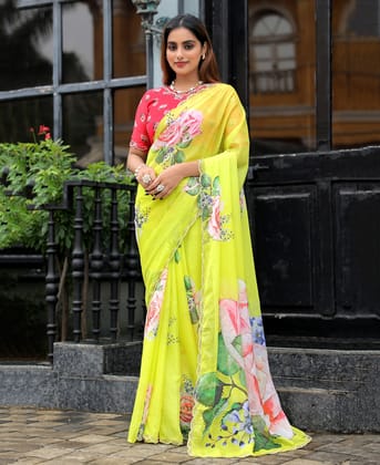 New Taby Silk Yellow Hand-Worked Saree with Contrast Blouse