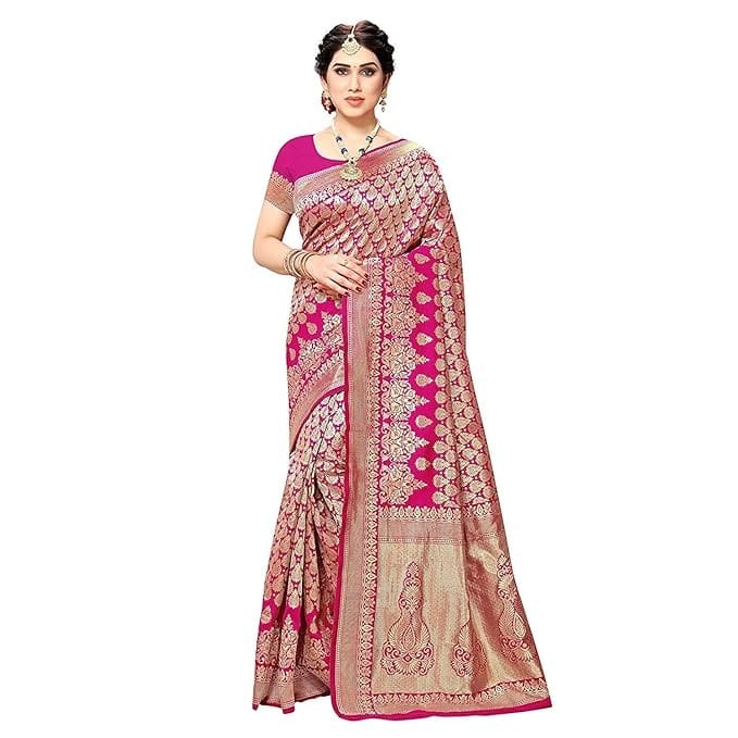 Pink & Gold Banarasi Art Silk Woven Saree with Zari Work
