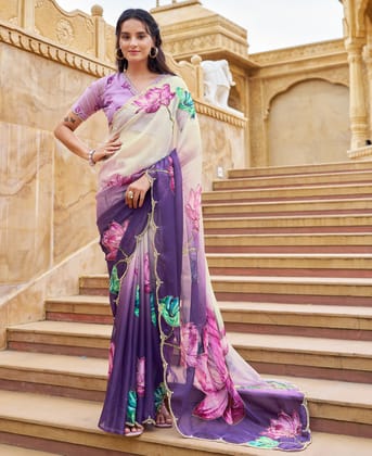 Designer Purple Floral Printed Tabby Silk Saree for Women