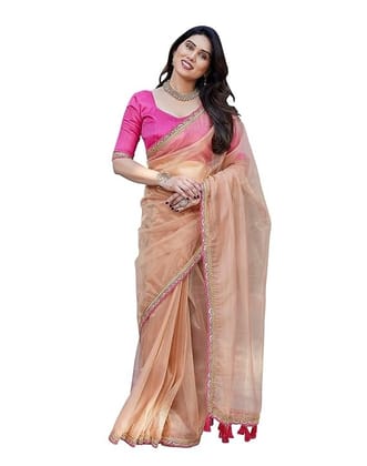 Elegant Peach Organza Saree with Embroidered Border and Contrast Blouse