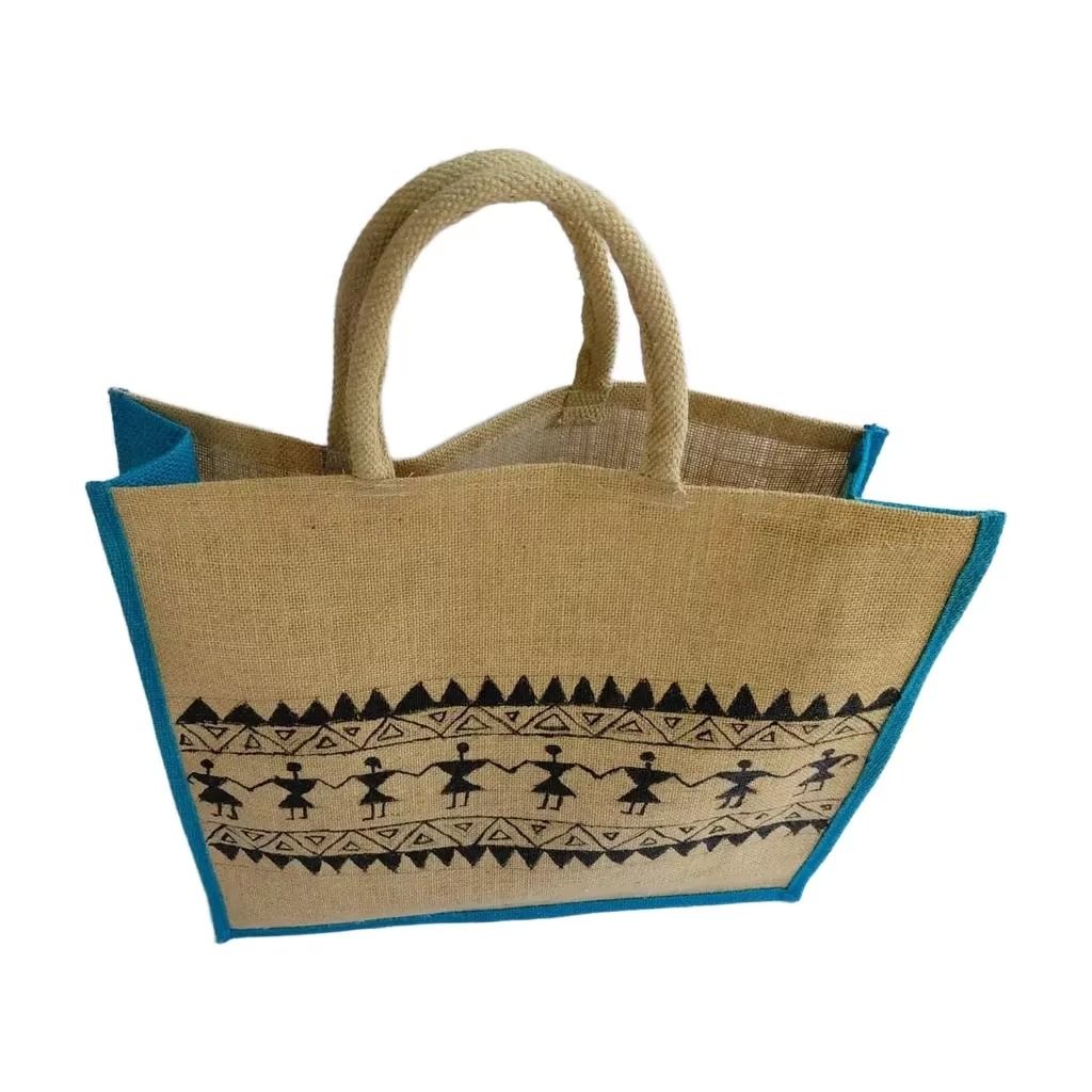 Hand-printed Warli Art Jute Bag - Handbags | Buy online on ZillyBuy