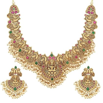 Antique Gold Plated Lakshmi Peacock Choker Necklace Set with Ruby Emerald Stones & Pearls