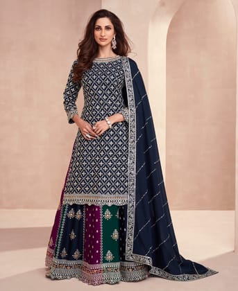 Designer Blooming Chinon Based Blue Gharara Suit for Women