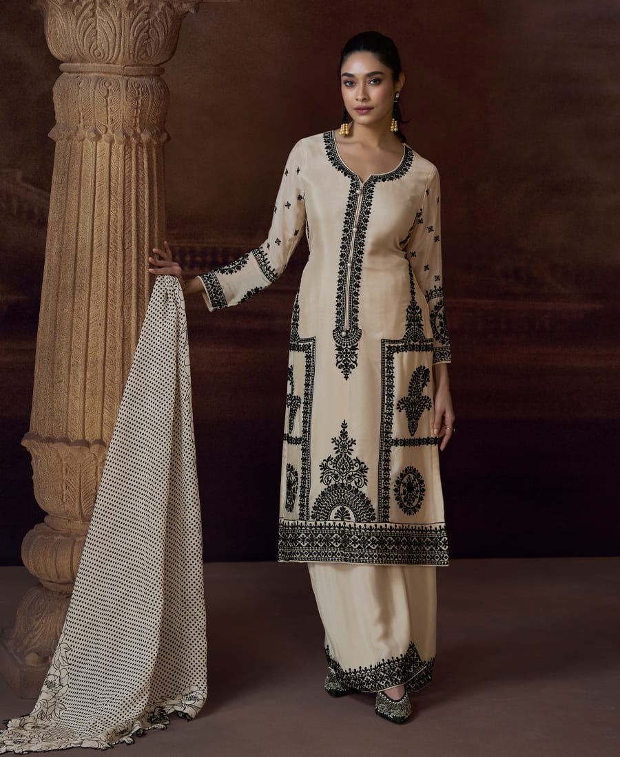 Latest Off-White Chinon Pakistani Salwar Suit for Women – Wedding Wear