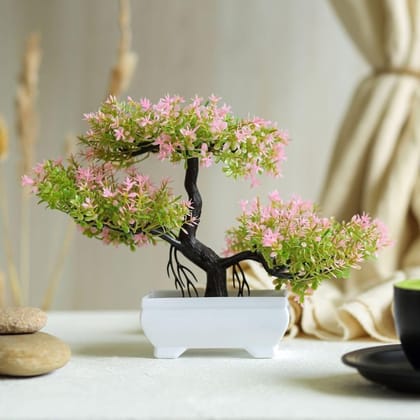 Artificial Pink & Green Bonsai Tree in White Pot - Realistic Faux Plant Decor Artificial Pink & Green Bonsai Tree in White Pot - Realistic Faux Plant Decor