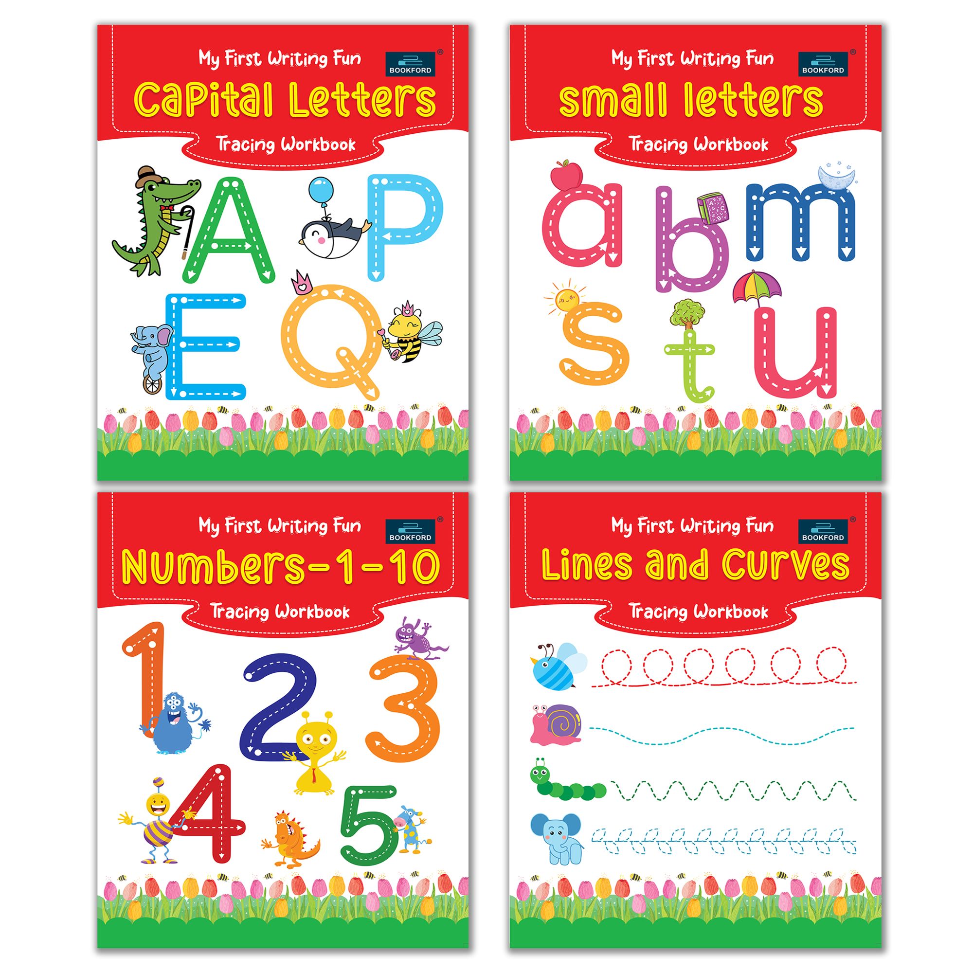 My First Writing Fun Tracing Workbook Set of 4 – Capital Letters ABC, Small Letters abc, Numbers 1–10 & Lines and Curves Practice for Kids