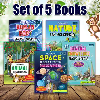 Young Minds Encyclopedia - Set Of 5 Books - Animals ,General Knowledge ,Space ,Human Body , And Nature Encyclopedia For Kids 