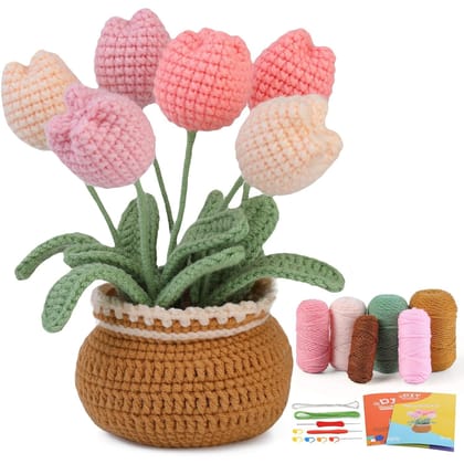 DIY Crochet Tulip Potted Plant Kit Handmade Yarn Flower Craft Home Decor Gift