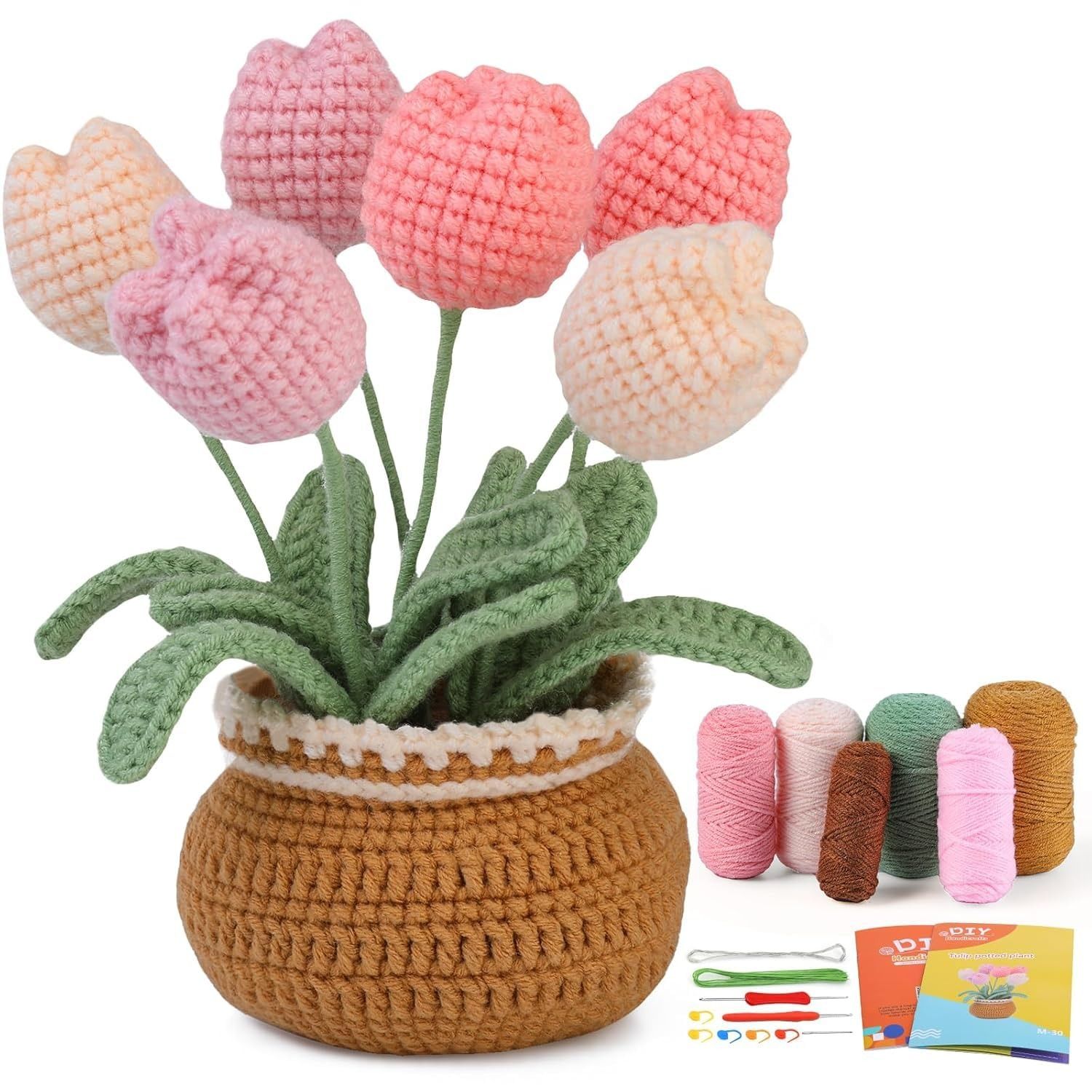DIY Crochet Tulip Potted Plant Kit Handmade Yarn Flower Craft Home Decor Gift