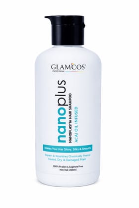 Glamcos Professional Nano Plastia Hair Shampoo | Acai Oil Infused | Repairs Damaged Hair | Smooth, Silky & Frizz-Free Finish | Sulphate & Paraben Free – 300ml