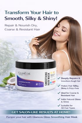 Glamcos Professional Gloss Smoothing Hair Mask | Salon Professional Hair Mask for Coarse & Resistant Hair | Smooth, Silky & Shiny Hair | Repairs & Nourishes Dry & Damaged Hair | For All Hair Types – 250ml