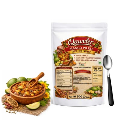 Qawvler Mango Pickle | Homemade | Traditional Aam Ka Achaar | No Preservatives | 100% Natural Spices | Free 1 Spoon | 500g Pouch