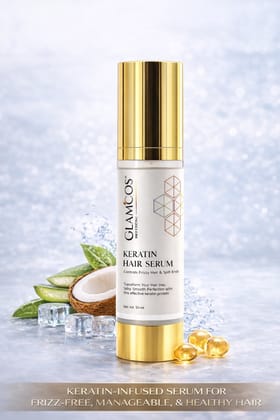 Glamcos Professional Keratin Hair Serum | Controls Frizzy Hair & Split Ends | Smooth, Silky & Shiny Finish | Salon Professional Hair Serum for Dry & Damaged Hair – 50ml