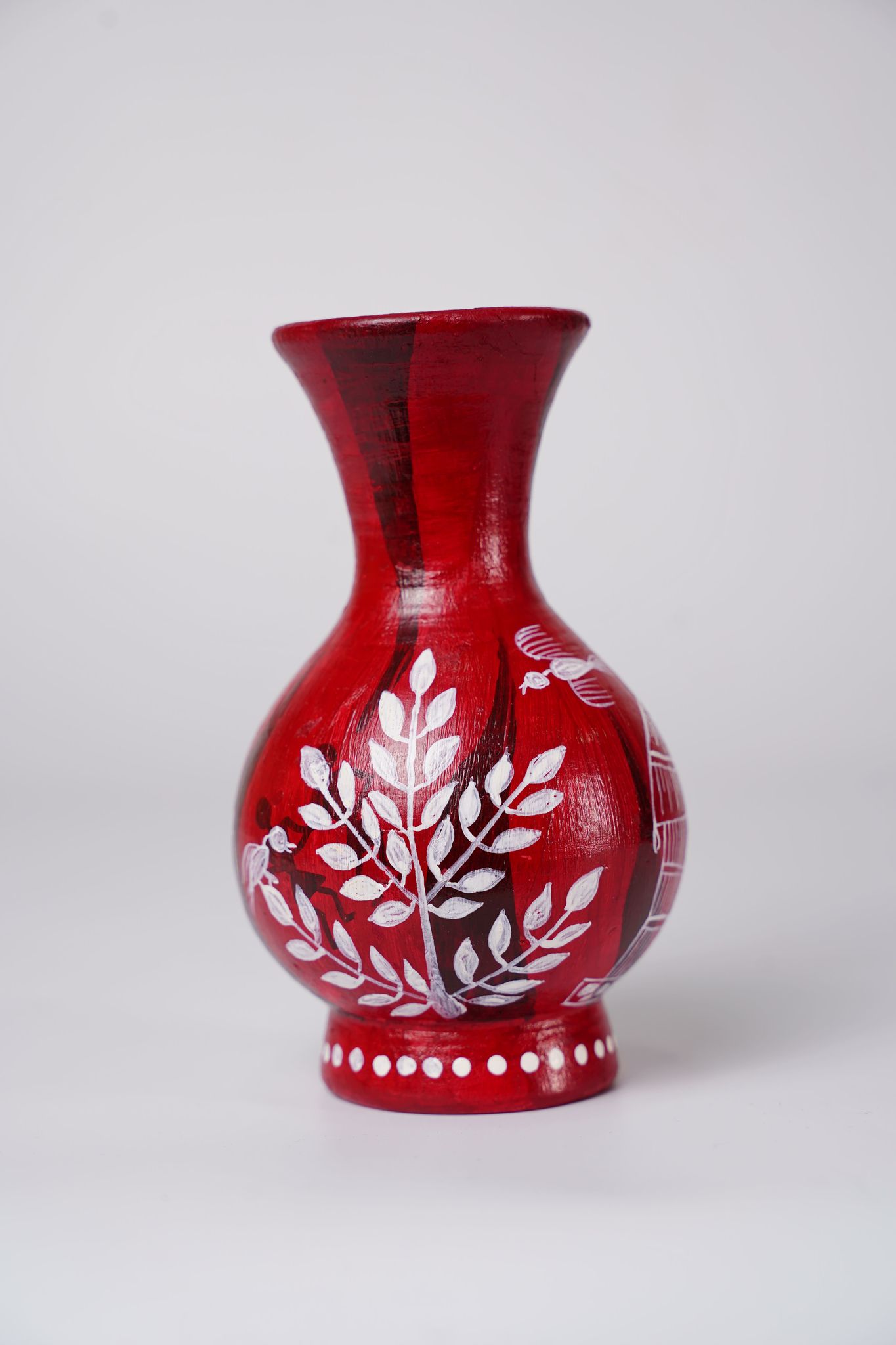 Handcrafted Red Terracotta Flower Vase Wth White Warli Art Hand-Painting.