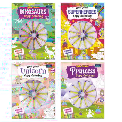 Little Artist Copy Coloring for Kids (set of 4 books) - Dinosaurs, Superheroes, Unicorn, Princess