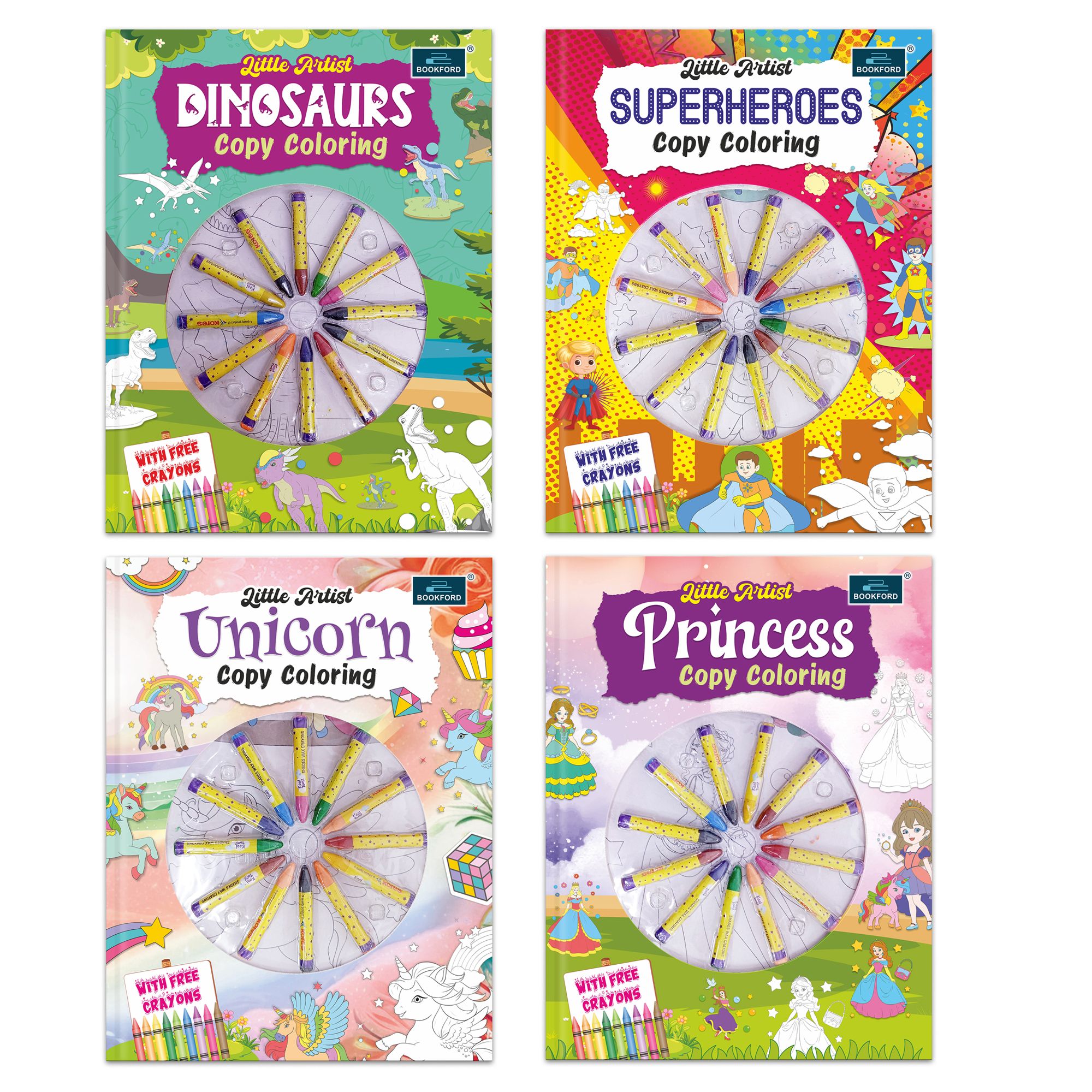 Little Artist Copy Coloring for Kids (set of 4 books) - Dinosaurs, Superheroes, Unicorn, Princess